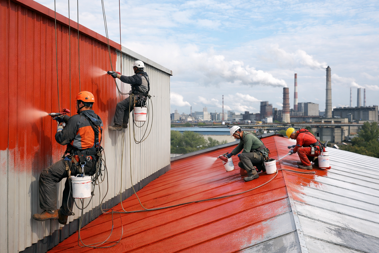 Промислові альпіністи у фарбуванні фасадів і покрівель виробничих будівель